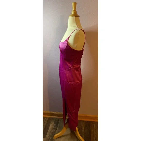 Edit By Nine Hot Pink Satin Maxi‎ Dress Slit Size Medium Barbiecore New - Picture 2 of 3